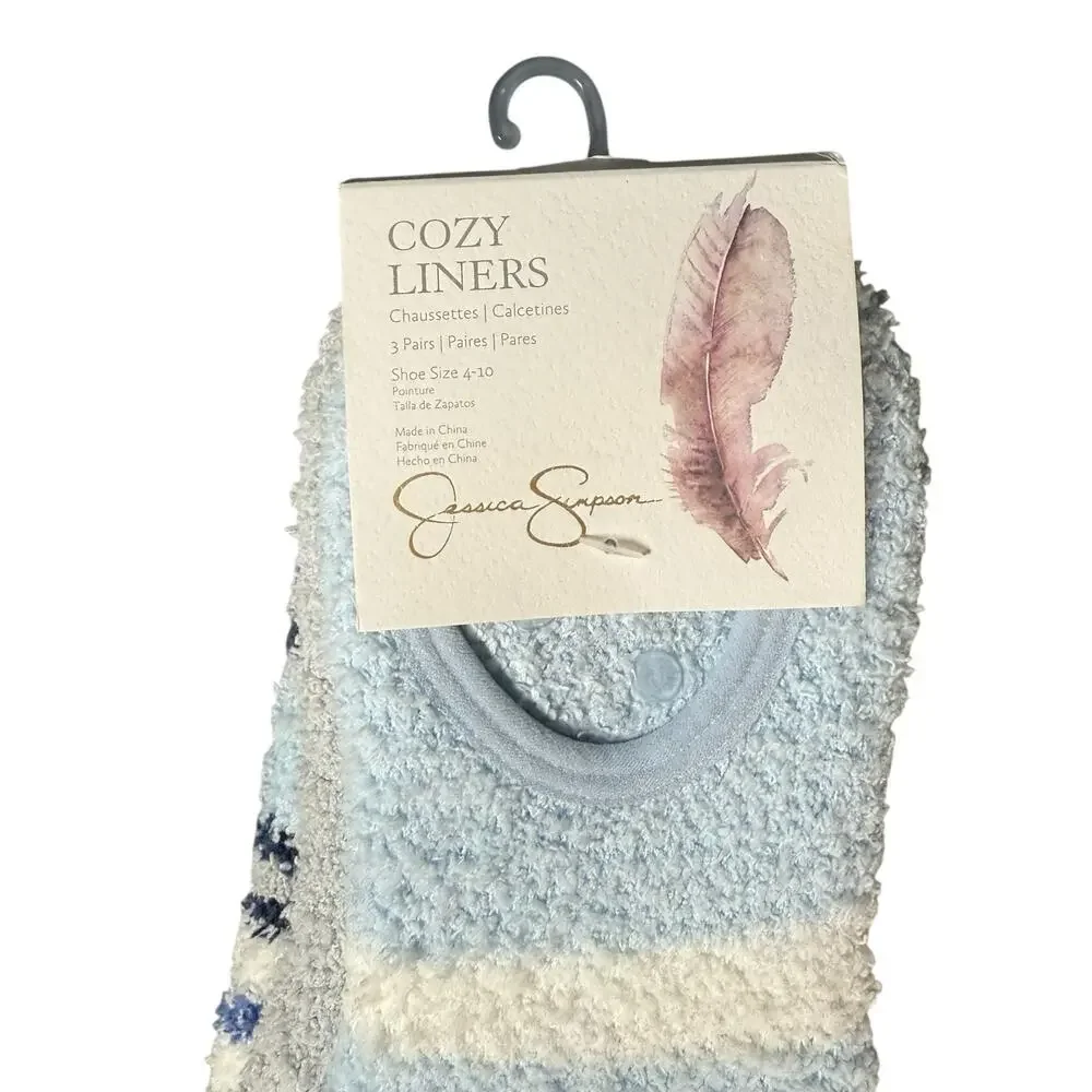 Jessica Simpson Fuzzy Non-Slip Socks Women 4-10 Blue Striped 3 Pairs Cozy Liners